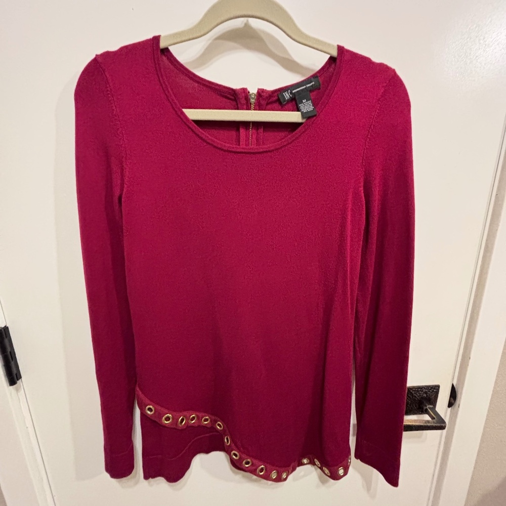 iNC red sweater w/asymmetrical hem, gold metal detail and back zipper-M
